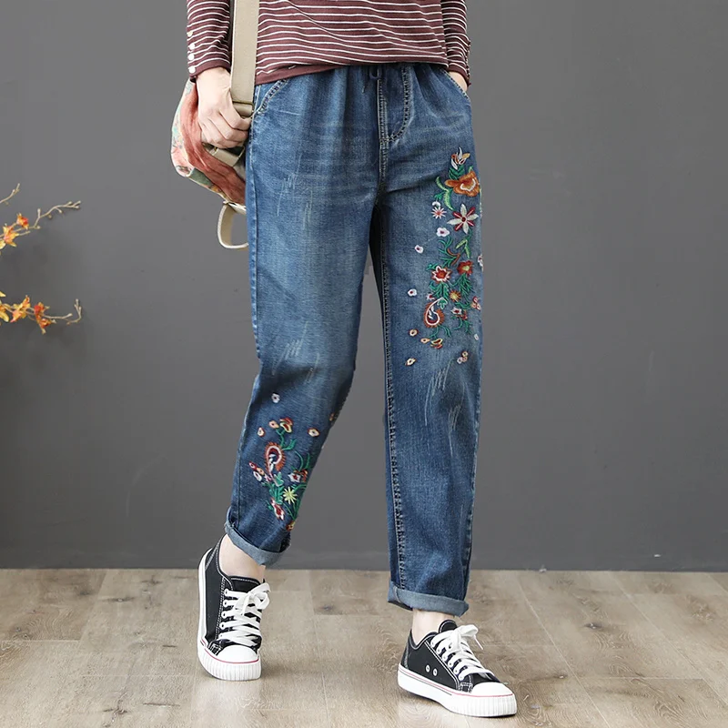 Women High Waist Baggy Jeans Spring Summer Vintage Floral Embroidery Loose Harem Denim Pants Female Ripped Cropped Trousers 3XL