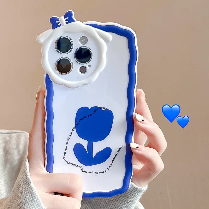 

Ins Style Klein Blue Tulips Bow Phone Case for iPhone 14 12 13 11 Pro ProMax Plus X XR Xsmax Shockproof Soft Phone Cover