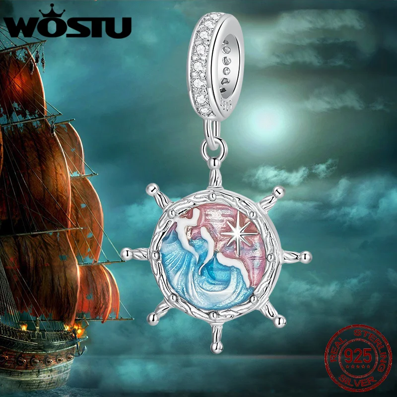 WOSTU Real 925 Sterling Silver Travel Charms Blue Ocean Sea Pendant Boat Rudder Beads Fit Original Bracelet Necklace DIY Jewelry