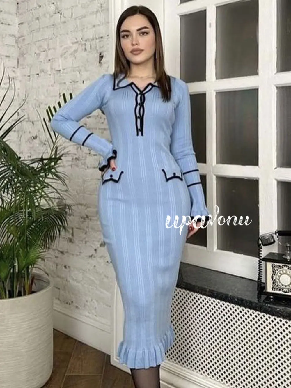 2024 новое элегантное женское трикотажное платье с цветными блоками и