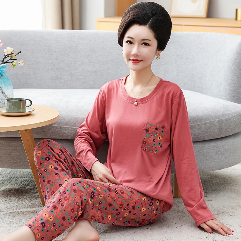 

Pyjamas Female Clothes Full Cotton Round Collar Long-sleeved Sleepwear Set Fashion Floral Casual Outerwear Sleepwear Night Suit