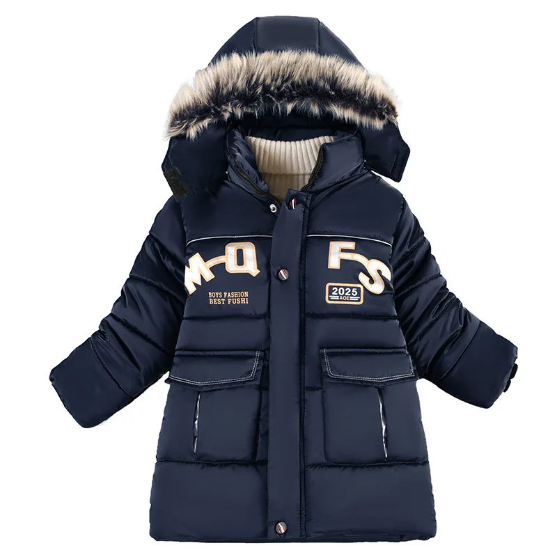 

Winter Boys Alphabet Warmth Fleece Lined Detachable Fur Hood Snow Jackets Children Therme Parka Kids Outfit Top Coats 4-11 Years
