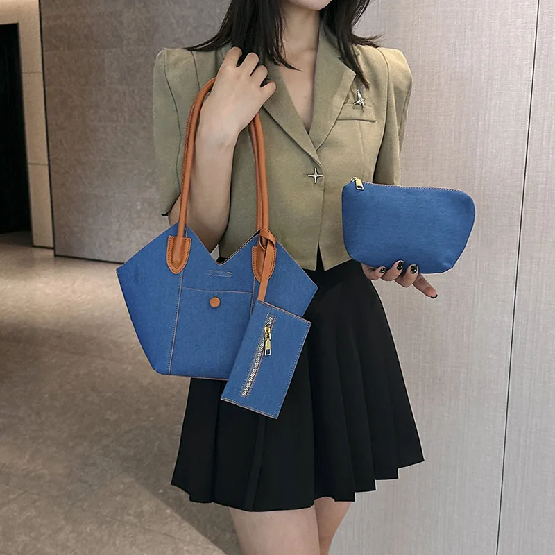 

Blue Denim Leather Luxury Bag Women Brand Designer Handbags Fashion Casual Shoulder Bag Classic Bags Tote 3 Piece Set