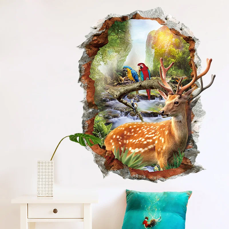 

T23# Creative 3D Broken Hole Landscape Deer Wall Sticker Kids Room Background Home Decoration Mural Living Room Wallpaper