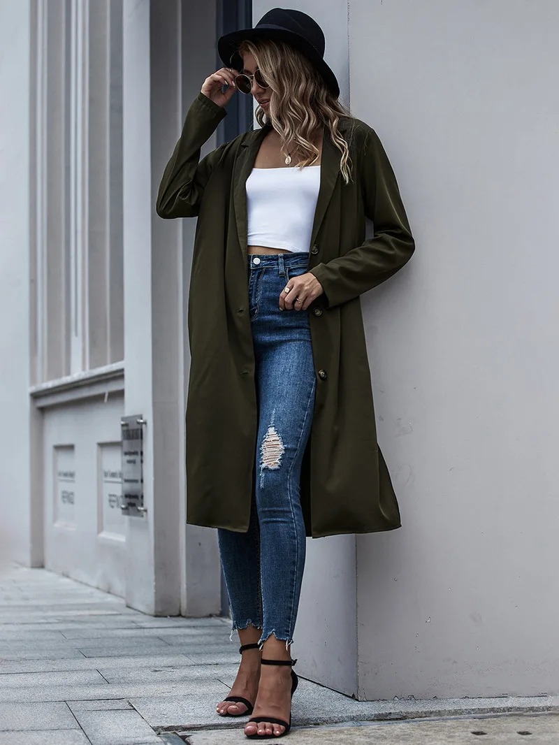Casual Blazers Windbreaker Style Blazer Women Solid Colors Single Breasted X-Long Suits Street Indie Fashion 2021 Office Commute