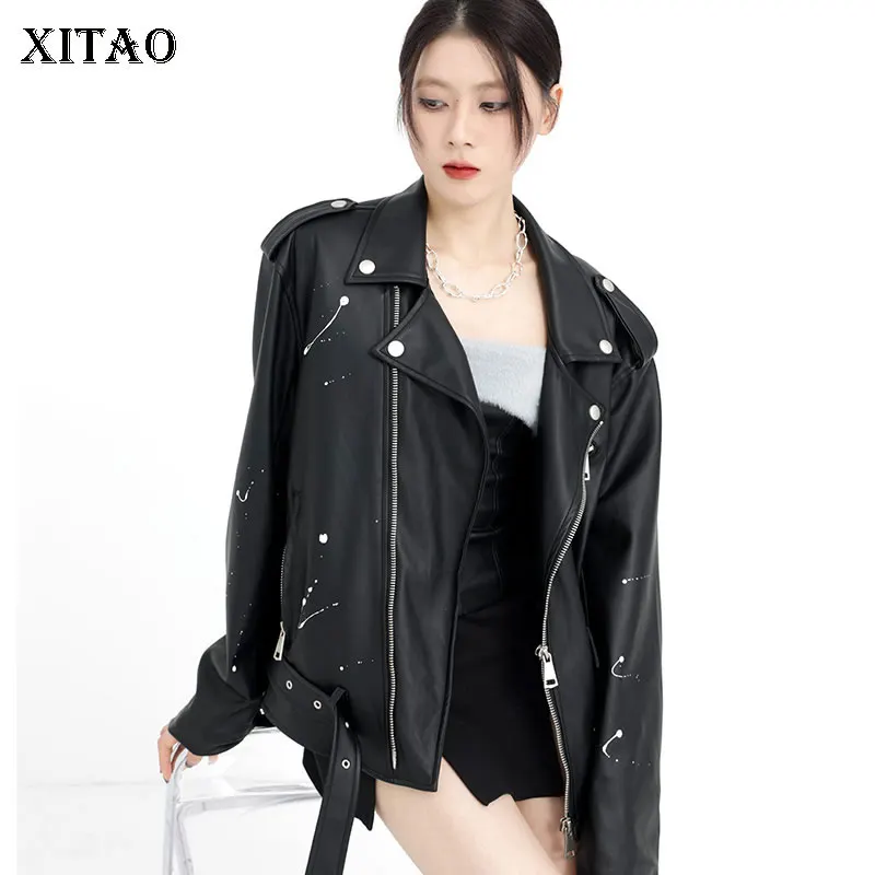 

XITAO Black Faux Leather Full Sleeve Goddess Fan Casual Style 2021 Autumn Minority Winter Letter Pocket Solid Color Coat GWJ2016