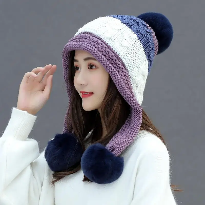 

Fleece Lined Women Knit Beanie Girls Winter Ski Snow Hat with Earflap Pompom Bonnets Earflaps Chunky Fashion Hats Freeshipping