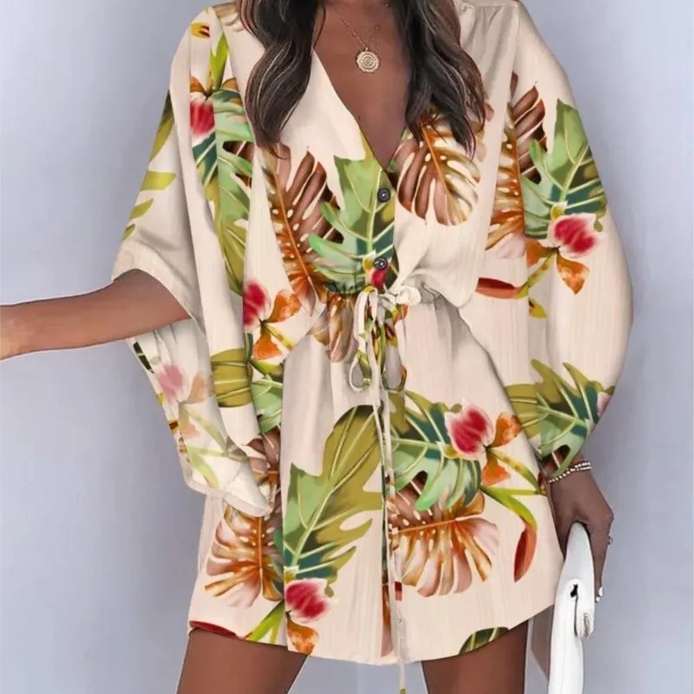 

Xiktop Summer Beach Mini Dresses Women Boho Casual Print Lace Up Button Batwing Sleeve Dresses Female Sexy V Neck Party Dress