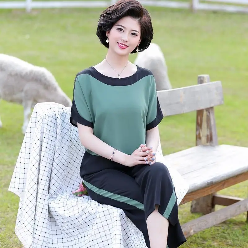 

Women Tracksuit Summer Mother Short Sleeve Fashion Causal Two Piece Loose Chiffon Suit Pants Settwo Piece Sets Womens Outifits