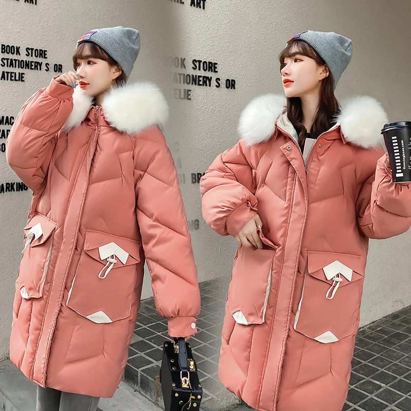 Winter Long Fox Fur Collar Puffer Jacket for Women Korean Fashion Trend Teenage Clothing Office Ladies Warm Coat Chic Streetwear