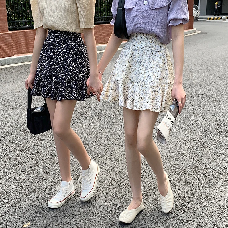 

Spring and Summer 2022 New A-line Skirt Korean Version Was Thin Floral Skirt Elastic Waist Ruffled Short Skirt Pleated Skirt