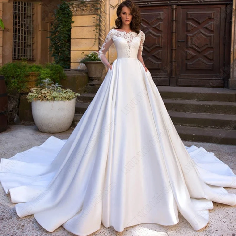 

Noble And Beautiful Luxuriant Elegant Satin Ball Gown Appliques Wedding Dresses Lace Long Sleeve Custom Made For Bride robe