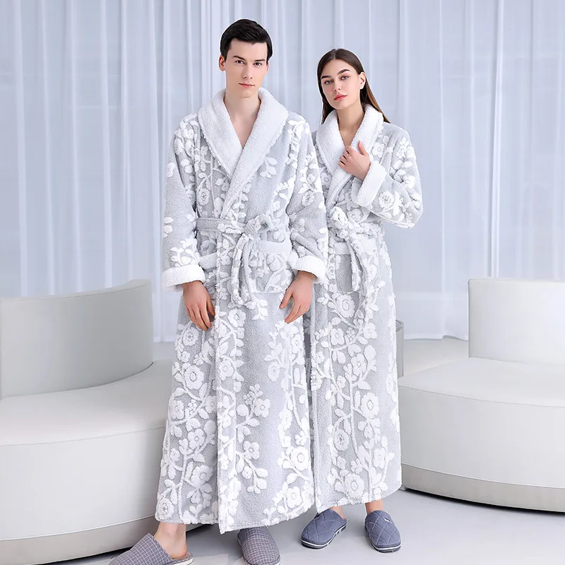 Couple Warm Grey Flannel Jacquard Bathrobe Winter Coral Fleece Long Robe Casual Sleepwear Lingerie Thicken Homewear