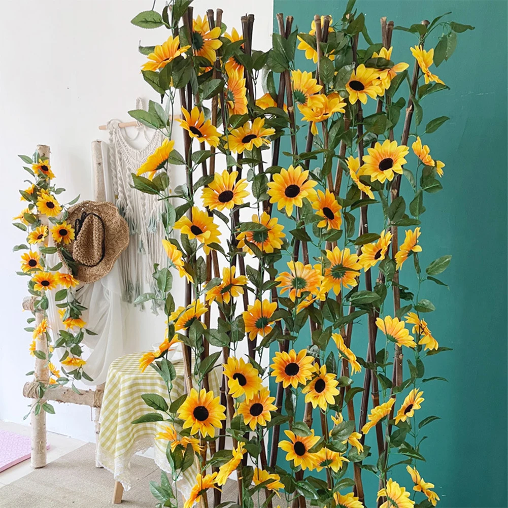 

Indoor Outdoor Wall Hanging With Leaves Party Wedding Garden Home Decor Silk Cloth Balcony Flower Cane Artificial Sunflower Vine