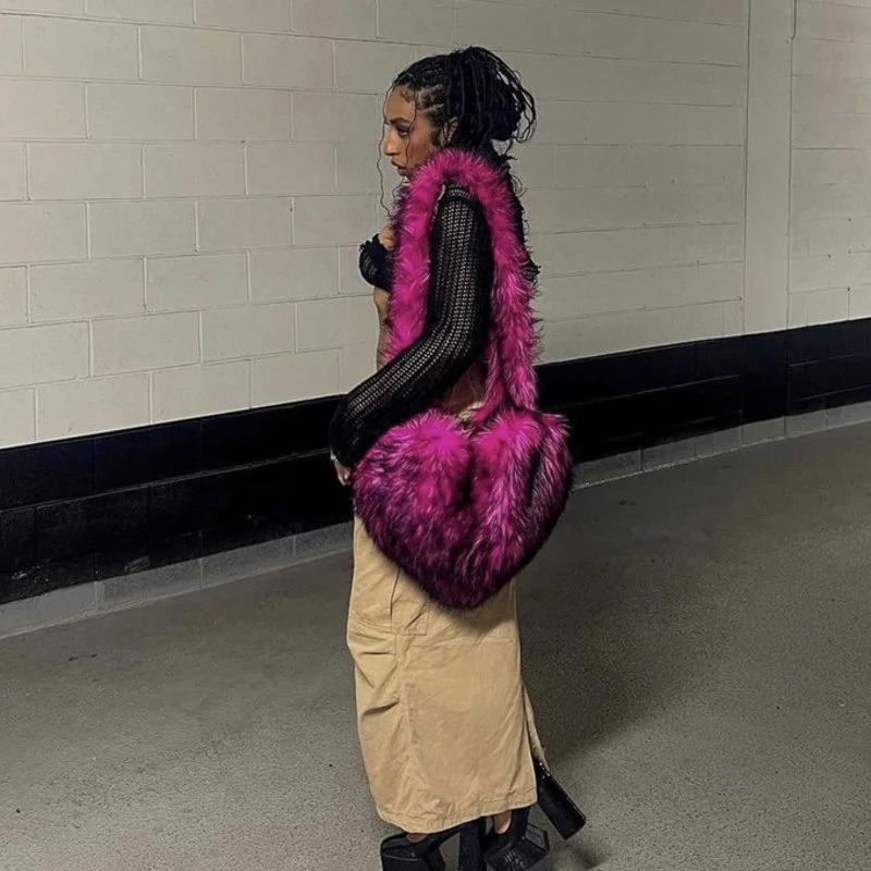 

Зимние женские сумочки из искусственного меха, милая плюшевая женская сумка на плечо в форме сердца, милый женский клатч, кошелек, сумки-мес...