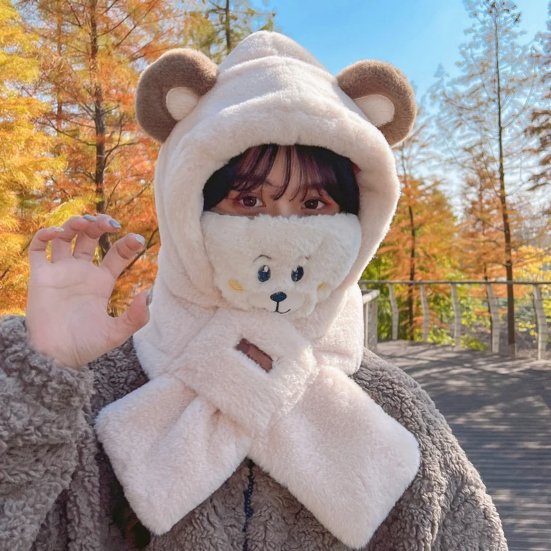 2022 new hat scarf 2 piece warm and fashionable autumn and winter bear cartoon plush mask hat set