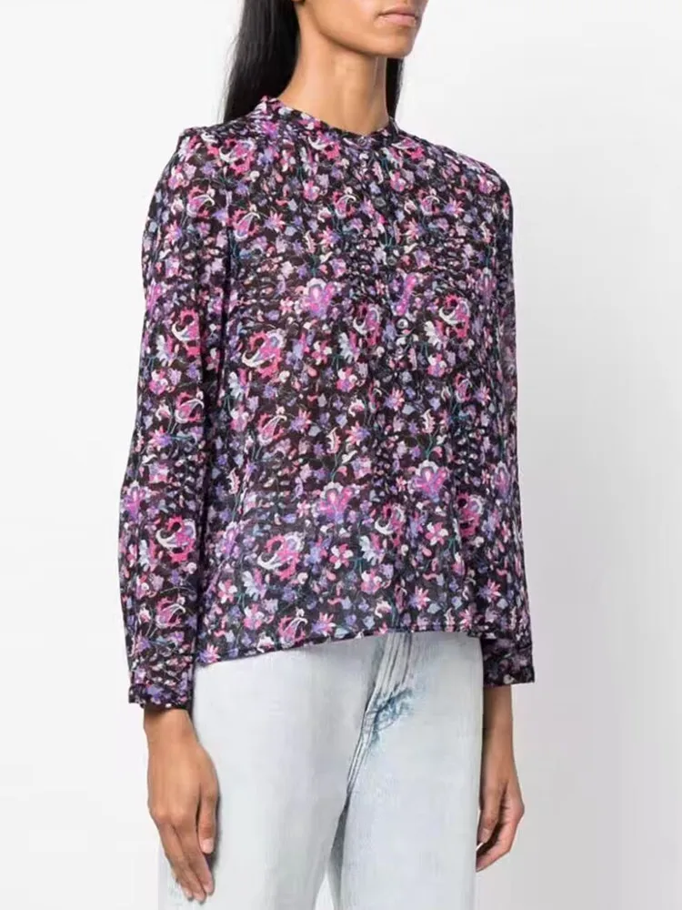 

Autumn 2023 Women Single Breasted Shirt Stand Collar Floral Print Retro Female Long Sleeve Blouse