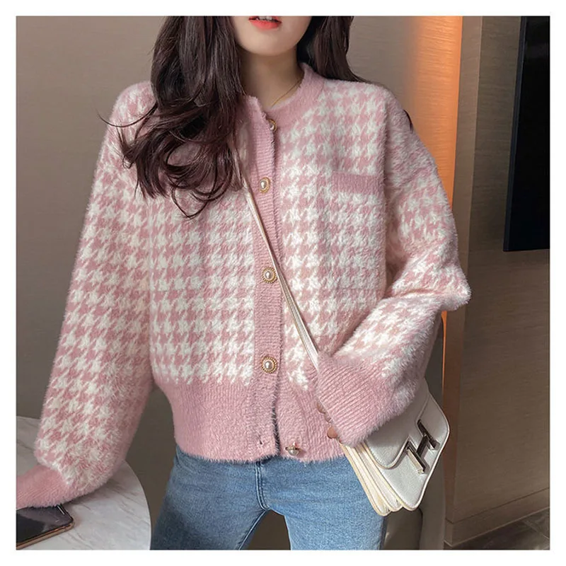 

Korean Pink Houndstooth Short Sweater Cardigan Women Elegant Faux Mink Cashmere Knitwear 2022 Winter Vintage O-Neck Knitted Coat