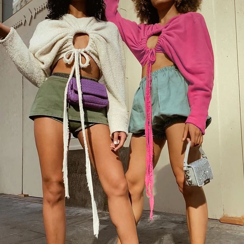 

Кроп-топ женский с длинным рукавом, пикантная ажурная футболка с круглым вырезом и кулиской, модная повседневная мягкая уличная одежда, осень 2021