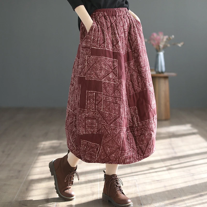 

NINI WONDERLAND 2022 Autumn Winter Print Cotton National Style Casual Skirt Women Elastic Waist Thick Warm Loose Vintage Skirt