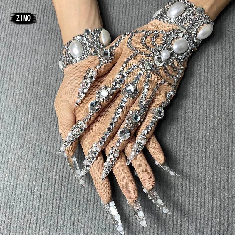 fashion gloves crystal designer rhinestone diamond women glitter accessories DS nightclub Dancer stage show singer rave festival