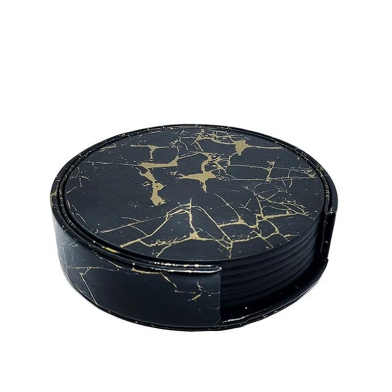 

6PCS PU Leather Marble Coaster Drink Coffee Cup Mat Easy To Clean Placemats Round Tea Pad Table Pad Holder