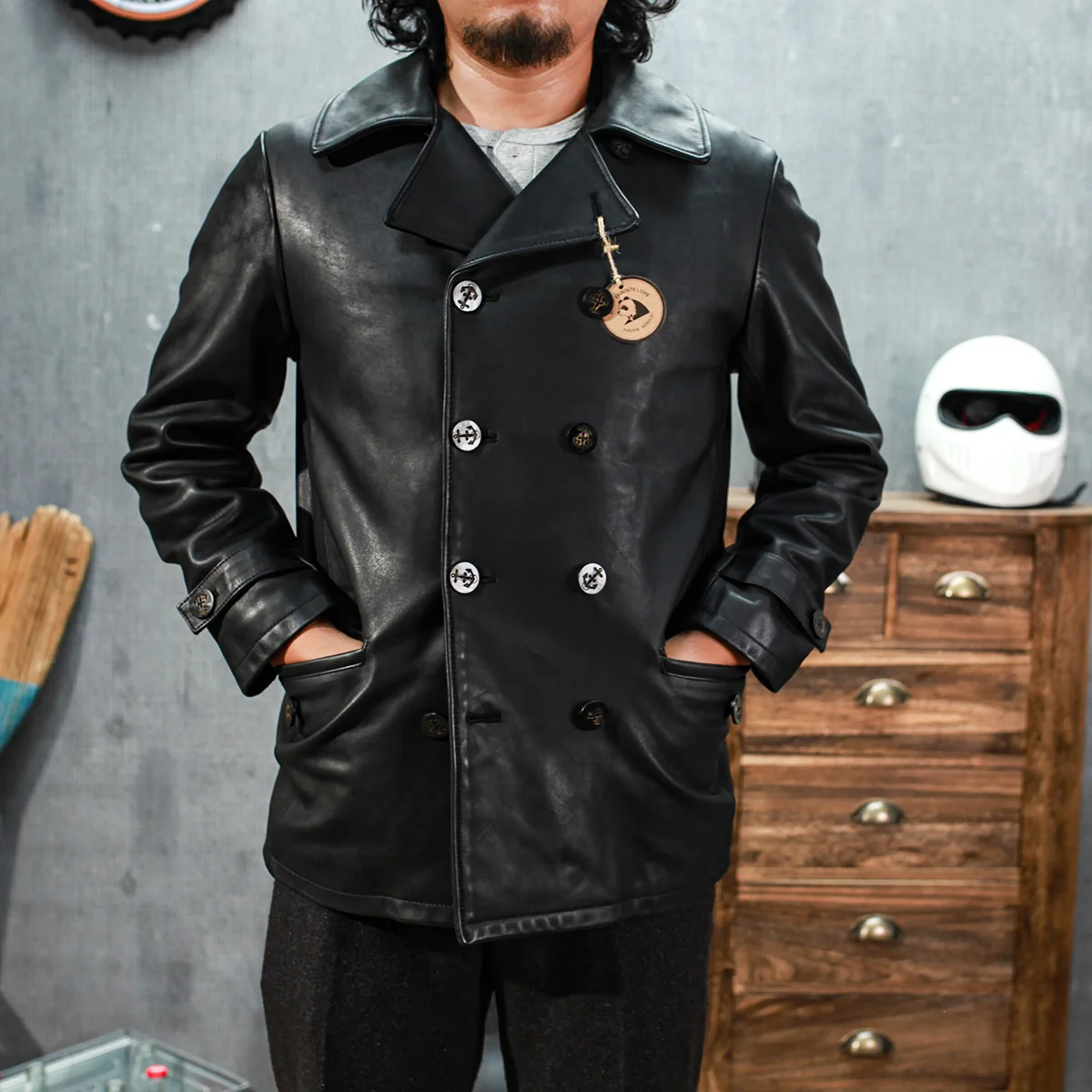 

SDC1150 Asian Size Genuine Men's Classic Winter Italy Cow Leather Wind Pea Coat