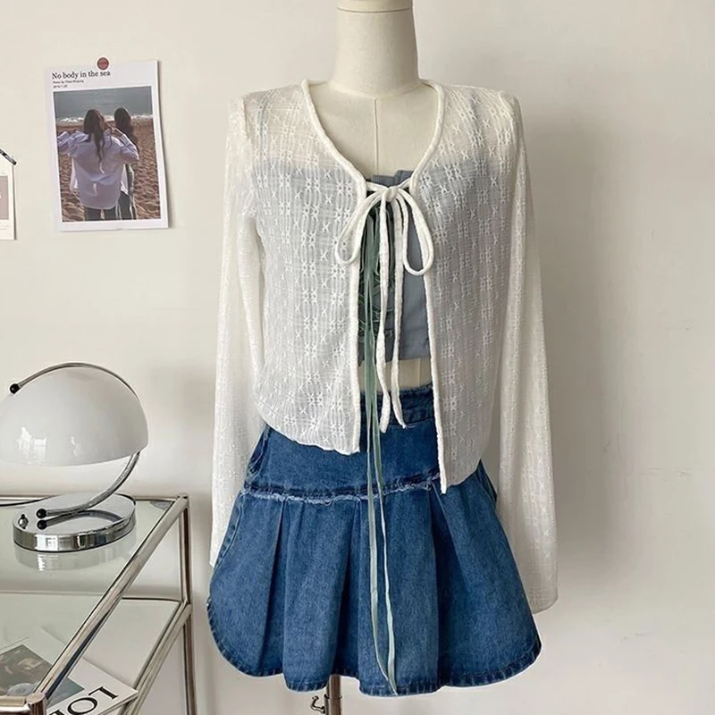 2024 Белый Летний кардиган на завязках женская сексуальная прозрачная блузка с