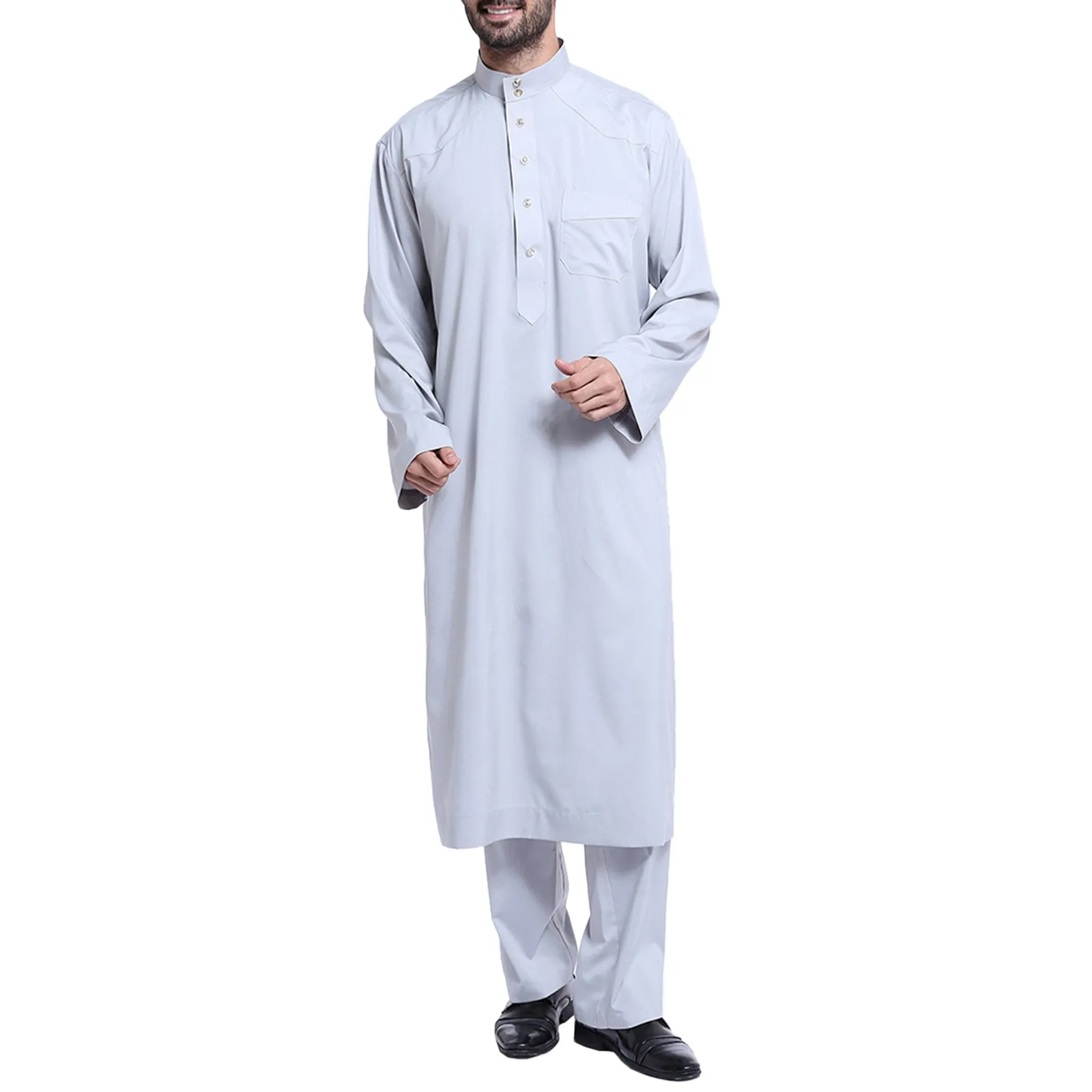 Men's Casual Muslim Arab Middle Solid Color Collar Long Sleeved Robe Solid Shirts Lapel