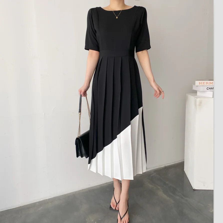 

JSXDHK Korean Elegant Summer Office Ladies Dress 2022 Chic Fashion Women O Neck Hit Color Short Sleeve Female Pleated Long Dress