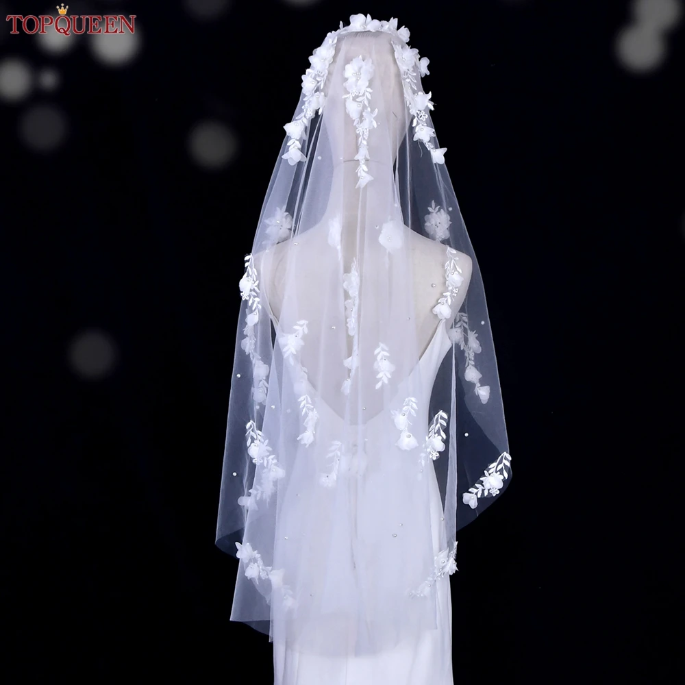 Короткая свадебная фата TOPQUEEN V52 С 3D цветами с жемчугом длиной до плеч Фата для