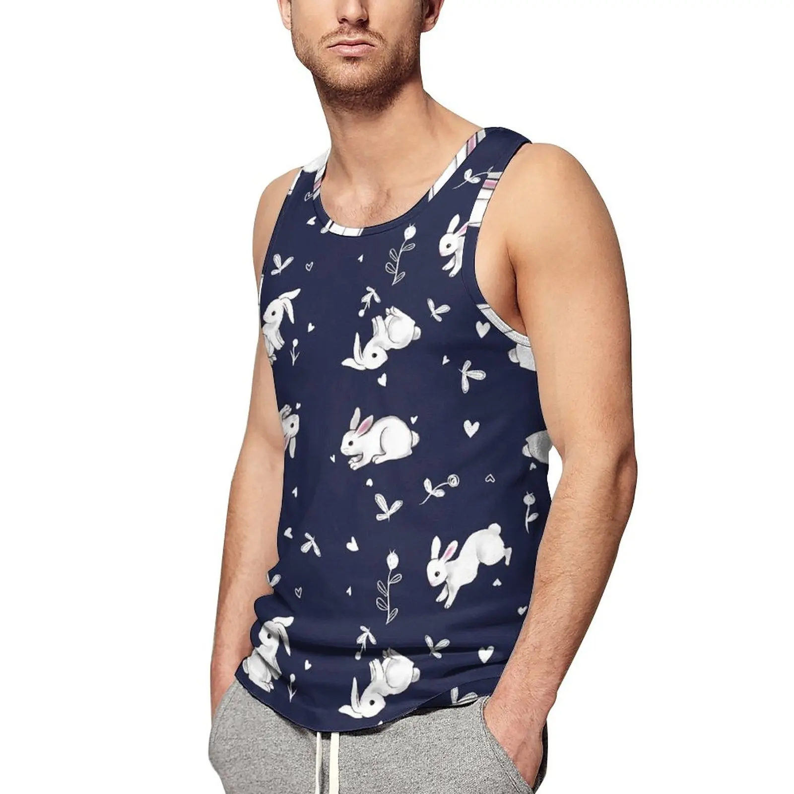 

White Rabbit Print Tank Top Man Kawaii Bunny Tops Summer Custom Workout Sportswear Oversized Sleeveless Shirts