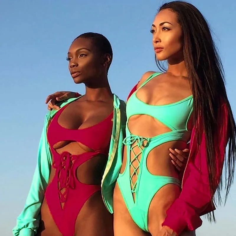 

Solid Monokini One Piece Swimsuit Lace Up Cut Out Swimming Suit for Women Swimwear Bathing Suit African Style Swim Wear Bodysuit