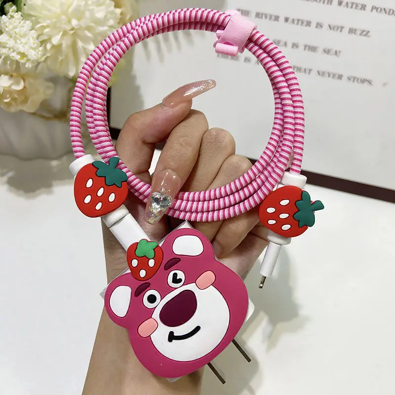 

Мультяшный клубничный медведь Apple защитный рукав для кабеля передачи данных спиральная намотка зарядное устройство зарядный USB кабель защи...