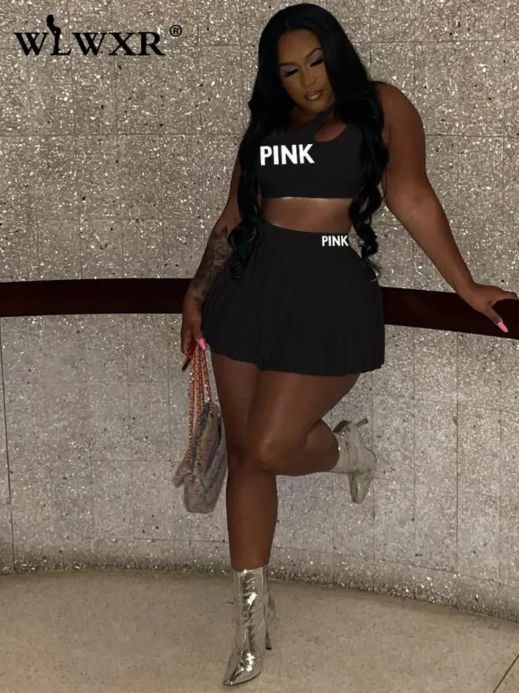 

WLWXR летний комплект из двух предметов для женщин 2022 короткий топ без рукавов с буквенным принтом и плиссированная юбка комплект из двух пред...