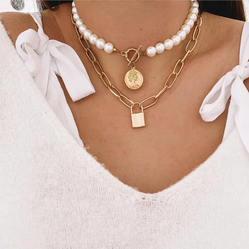 

Модный чокер IFKM в стиле панк, жемчужное ожерелье, ювелирные изделия, винтажное ожерелье с кулоном в виде большой монеты, массивная цепочка с ...