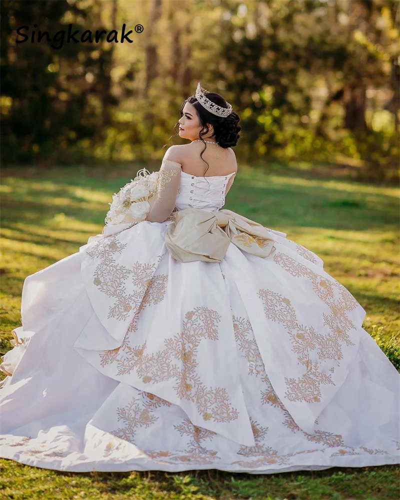 

Luxury Mexican Embroidery Princess Ball Gown Quinceanera Dresses With Bow Ruffles Beads Crystal Sweet 16 Dress Vestido De 15 Ano