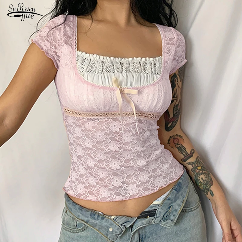 Укороченный топ с розовой отделкой Y2k Милая футболка бантом женская летняя