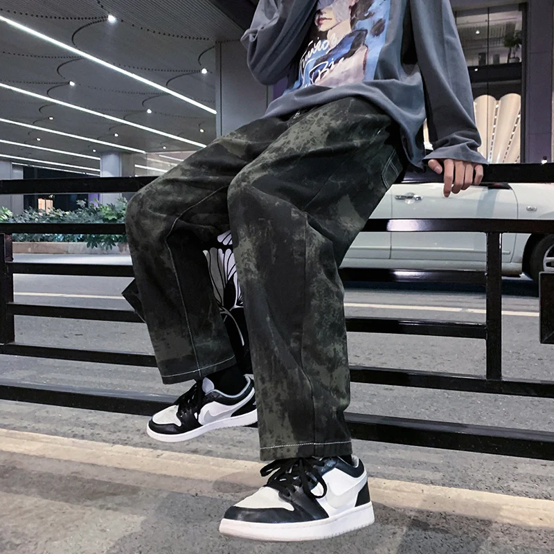 2022 Spring New Korean Style Fashion Tie Dye Harem Jeans Men Elastic Waist Denim Straight Baggy Wide-leg Pants Male Brand