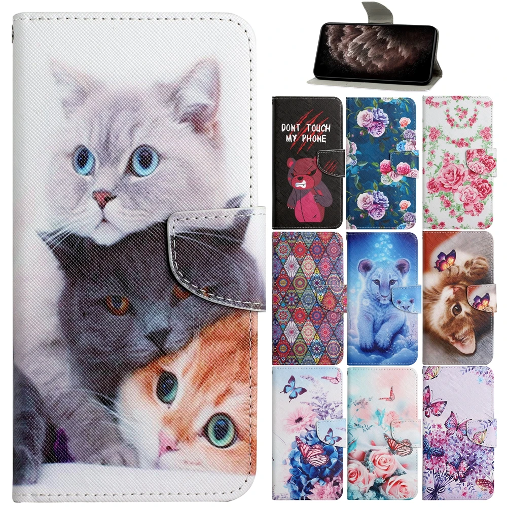 Leather Book Case on for Samsung Galaxy A51 A21S A71 A01 A11 A21 A31 A41 Cases Cute Cat Rose Flip Wallet Phone Back Cover Women