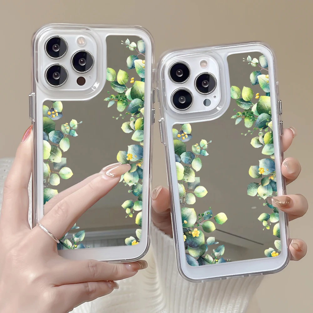 

Flower Leaves Mirror Phone Case for IPhone 14 ProMax Plus 13Pro Mini 12Pro 11 Pro Max Transparent Soft Acrylic Protection Shell