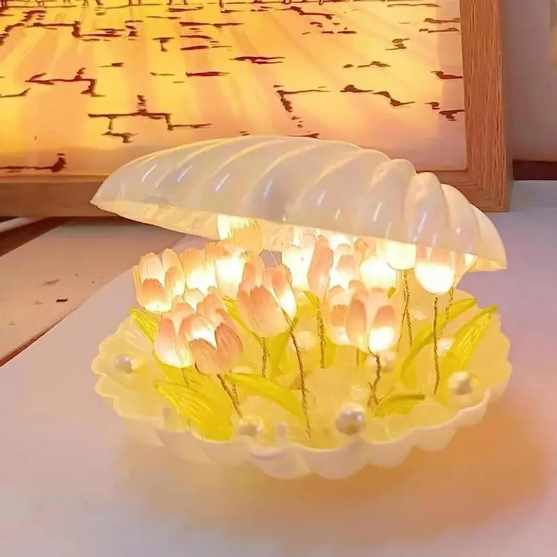 

DIY Shell Tulip Night Light Battery Powered Night Lamp Warm Romantic Atmosphere Lights Gift for Living Room Bedroom Office Decor