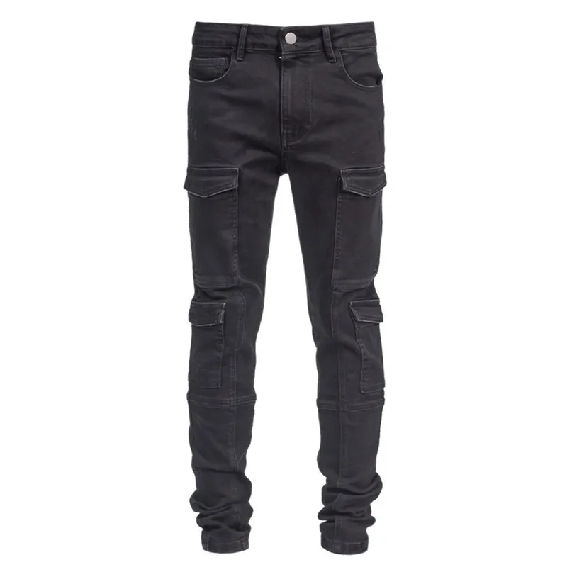 2022 New Multi-pocket Mens Jeans Slim Feet Stretch Fashion Streewtwear Men Full Length Black Jeans Casual Trousers Denim Pants