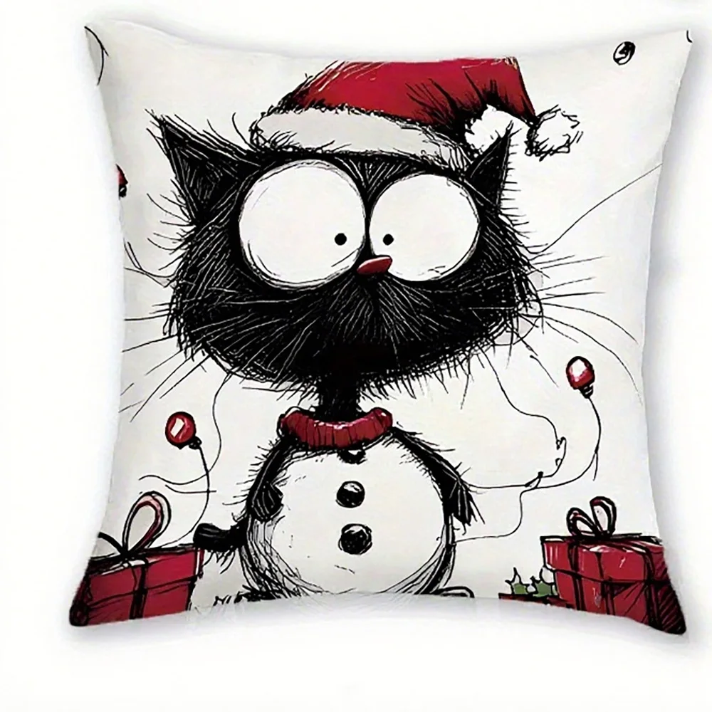 Рождественские наволочки с рисунком кота и снеговика: праздничное развлечение для вашего дома, наволочка для дивана, комнаты, украшение дома, подарок на Новый год