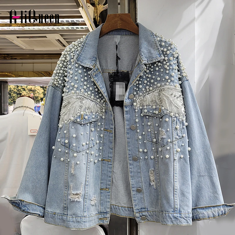 

Streetwear Pearls Appliques Patchwoek Women Loose Denim Jackets Coats Beads Embroidery Outerwear Woman Jean Jacket Retro Clothes