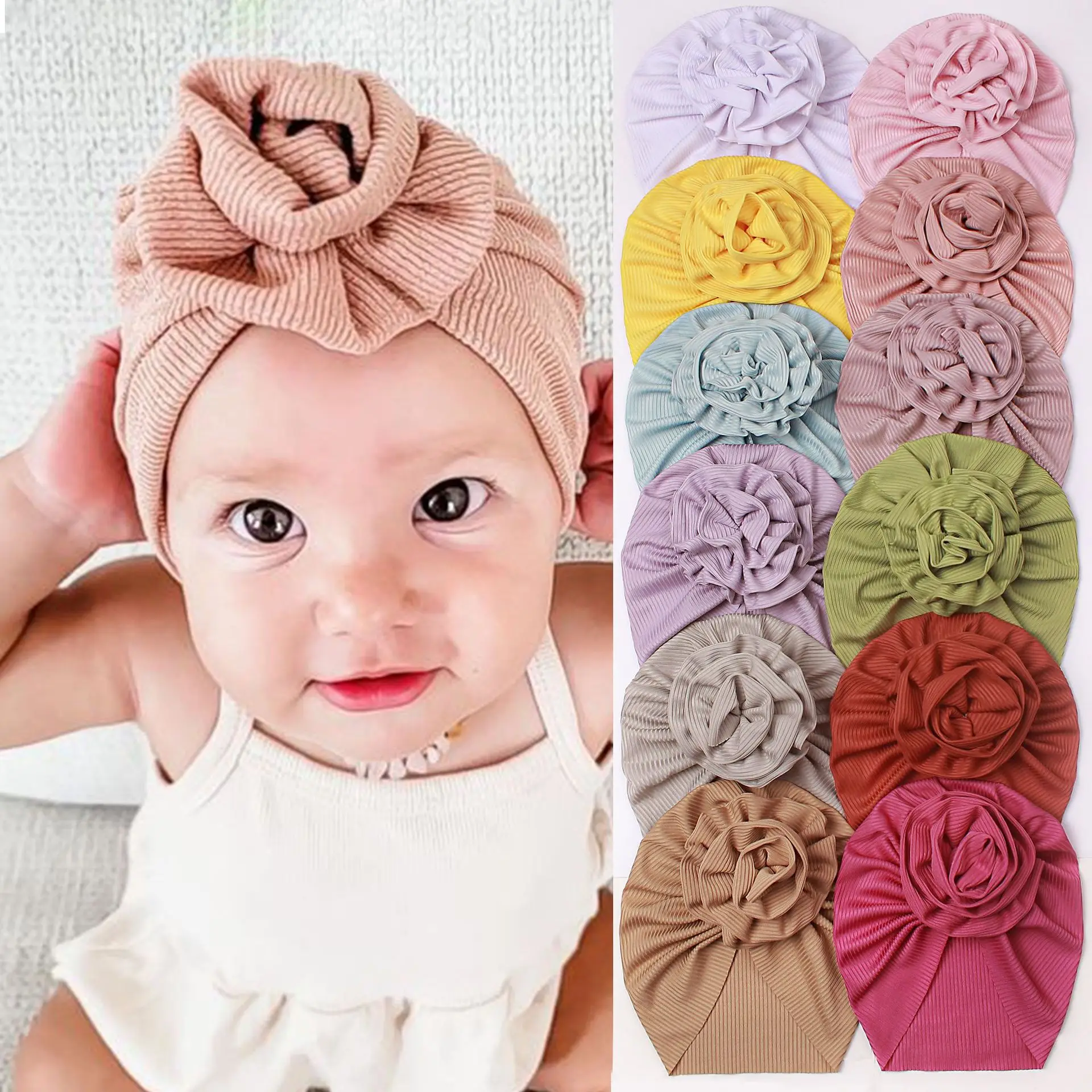 

Cute Flower Baby Hat Toddler Turban Infant Head Wraps Kids Bonnet Newborn Toddler Beanie Cap for 0-18 Months Baby Headband