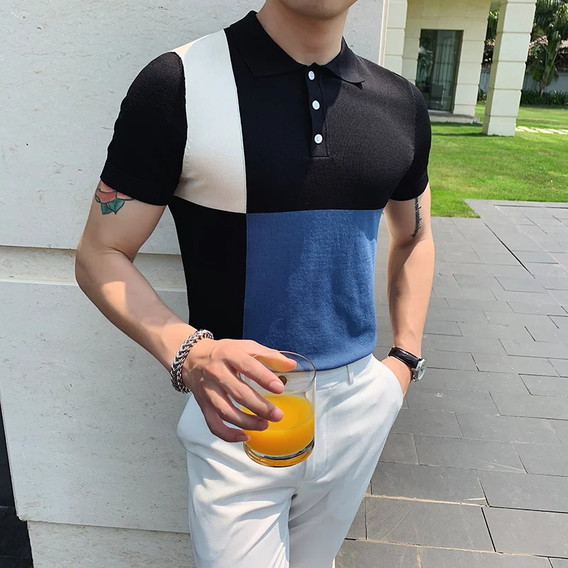 

2023 Knit Striped Polo Shirts Men Summer Contrast Color Slim Casual Polo Shirt Business Social Lapel Tee Tops Social Streetwear