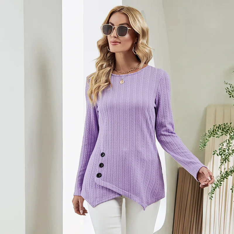 

Осенне-зимняя элегантная необычная трикотажная футболка, Женский Топ с круглым вырезом, однотонная Повседневная Приталенная футболка с де...