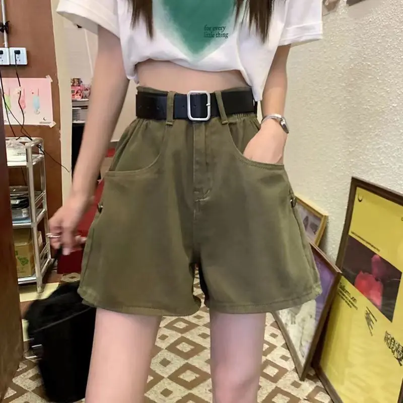 Military Green Cargo Denim Shorts Women's Retro High Waist Slim Shorts Casual Hot Girl Wide Leg Pants Pantalones Cortos De Mujer