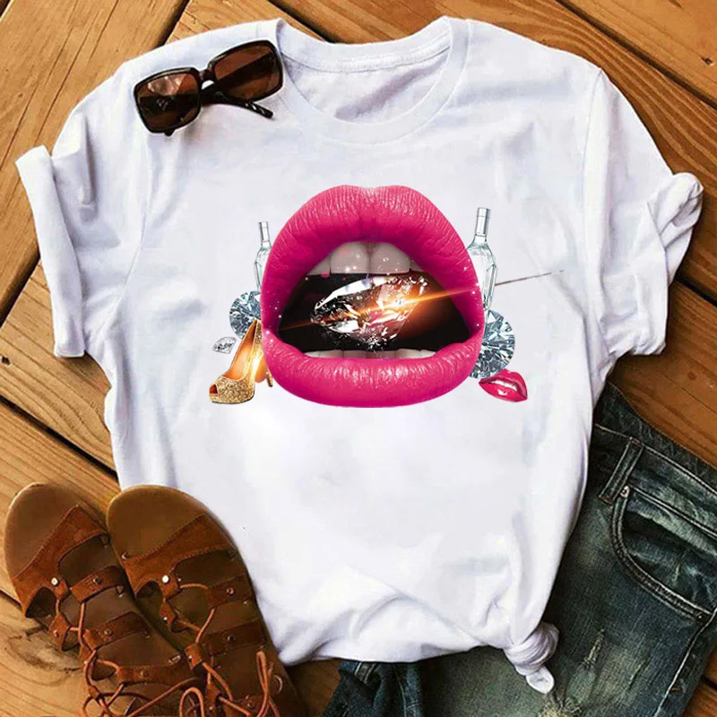 

New Women T Shirt Lips and Gold Shoes Printing Tops Female Harjauku Graphic Tee Shirts Women Short Sleeve Cute T-shirt Clothes